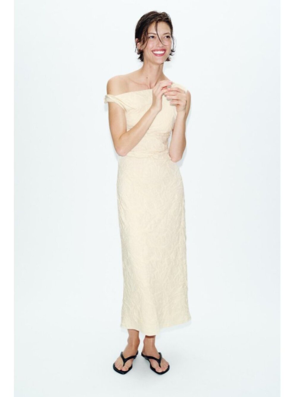 ZARA IVORY PLEATED JACQUARD DRESS - SIZE S